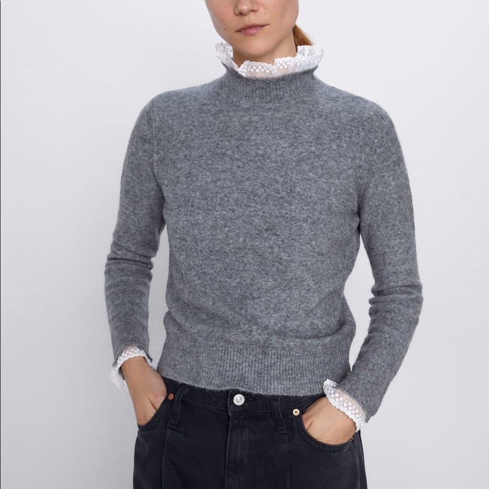 Grey Long Sleeve Sweater with Lace Detail